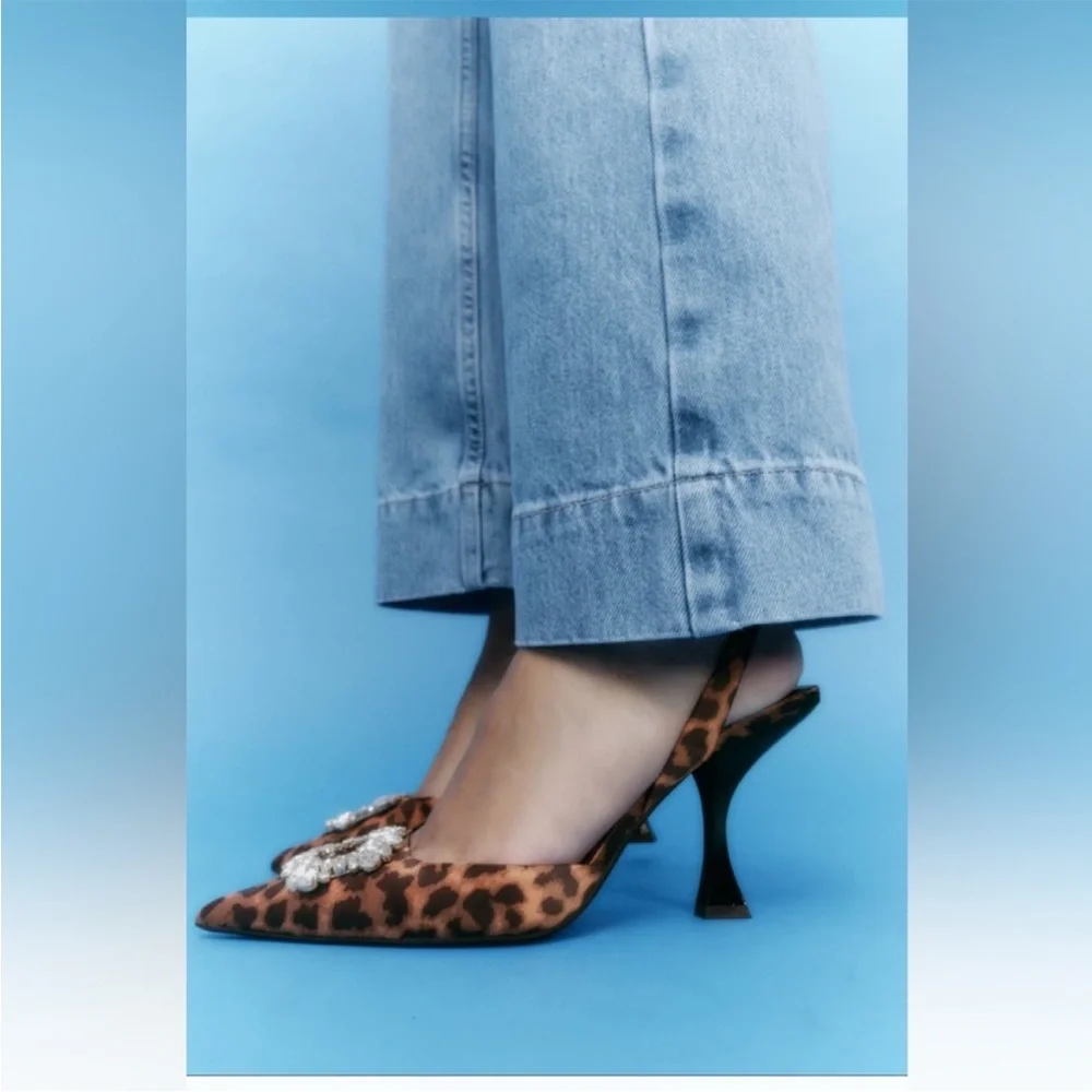 NWT ZARA leopard EMBELLISHED HEELED SLINGBACK SHOES - Picture 2 of 8